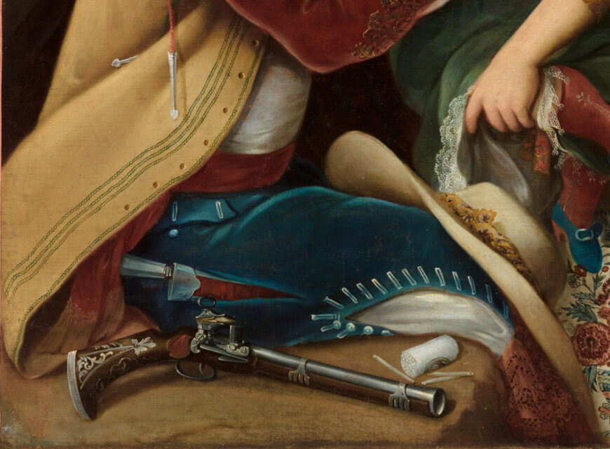 Pistol and clothing (detail), Miguel Cabrera, 6. From Spaniard and Morisca, Albino Girl, 1763, oil on canvas, 131.1 x 105.1 cm (Los Angeles County Museum of Art)