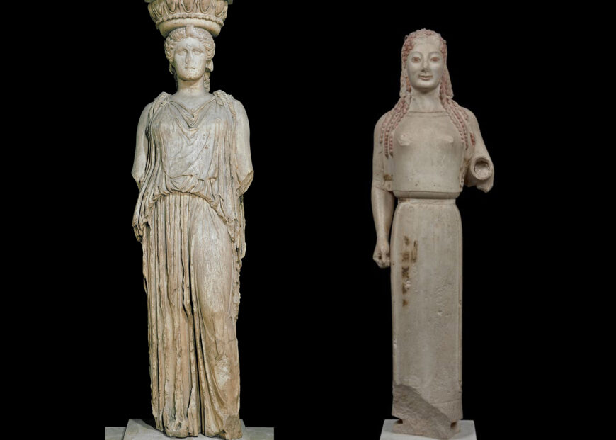 Left: Caryatid from the Erechtheion, c. 421–406 B.C.E., marble, 2.28 m high (© The Trustees of the British Museum, London); right: Peplos Kore, c. 530 B.C.E., marble, 1.2 m high (Acropolis Museum, Athens)