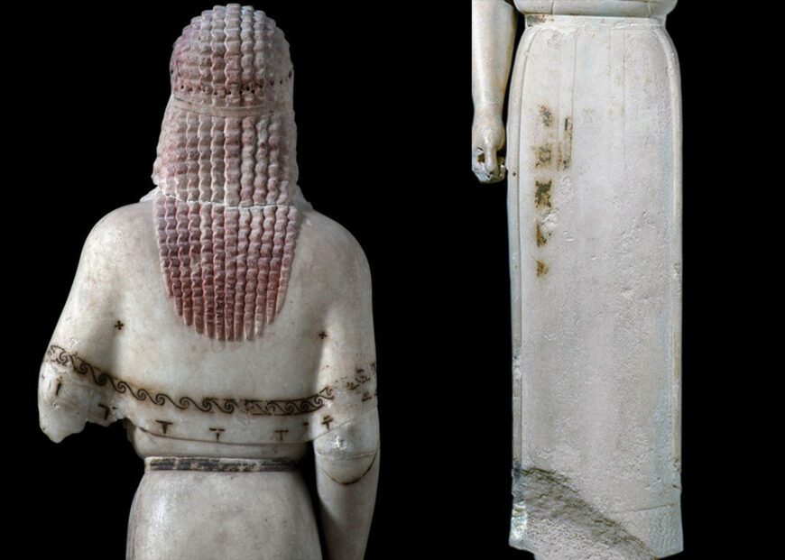 Left: back of the torso (detail), Peplos Kore, c. 530 B.C.E., marble (Acropolis Museum, Athens); right: front of skirt (detail), Peplos Kore, c. 530 B.C.E., marble (Acropolis Museum, Athens; photo: Steven Zucker, CC BY-NC-SA 2.0)