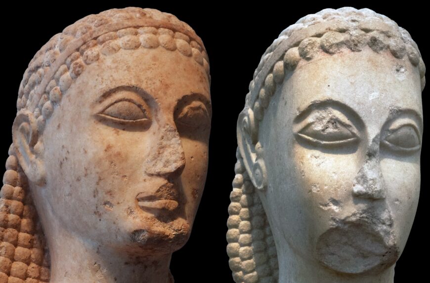 Left: Head (detail), New York Kouros, c. 600–580 B.C.E., marble (The Metropolitan Museum of Art, New York; photo: Steven Zucker, CC BY-NC-SA 2.0; right: head of a kouros (the so-called Dipylon Head), c. 600 B.C.E., marble, 17 inches high (National Archaeological Museum, Athens; photo: Egisto Sani, CC BY-NC-SA 2.0)