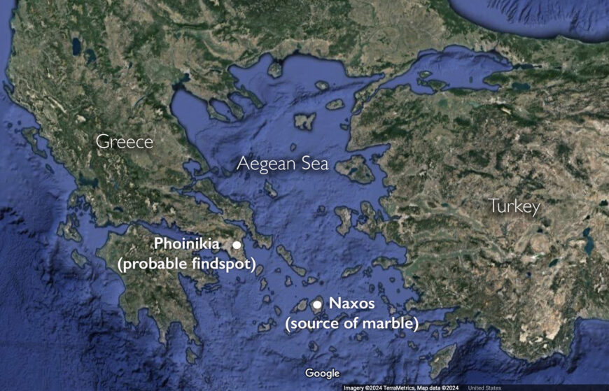 Map of the Aegean with the probable findspot and material source of the New York Kouros, c. 600–580 B.C.E. (underlying map © Google)