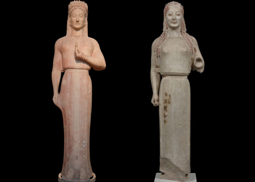 Left: Phrasikleia Kore, c. 540 B.C.E., marble, 1.76 m high (National Archaeological Museum, Athens; photo: Carole Raddato, CC BY-SA 2.0); right: Peplos Kore, c. 530 B.C.E., marble, 1.2 m high (Acropolis Museum, Athens)