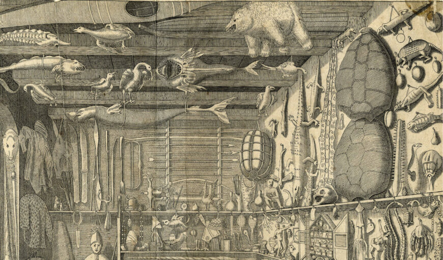 Efficient use of limited space, with crocodiles, turtle shells, a penguin, and longer items hung on the walls (detail), Frontispiece, Olaus Worm, Museum Wormianum (Leiden: Isaac Elzevier, 1655), engraved by G. Wingendorp, 1655, engraving on paper, 27.8 x 35.8 cm (© The Trustees of the British Museum, London)