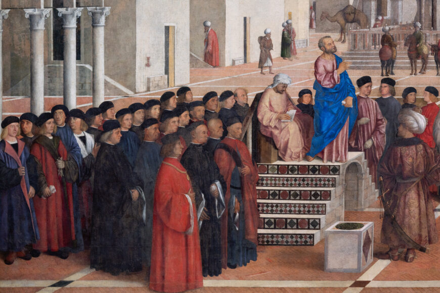 Saint Mark Preaching with 16th century Venetians behind him (detail), Gentile Bellini (completed by Giovanni Bellini), Saint Mark Preaching in Alexandria, 1504–07, oil on canvas, 347 x 770 cm (Pinacoteca di Brera, Milan)