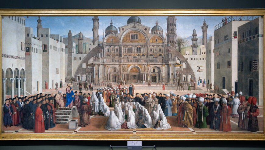 Gentile Bellini (completed by Giovanni Bellini), Saint Mark Preaching in Alexandria, 1504–07, oil on canvas, 347 x 770 cm (Pinacoteca di Brera, Milan)