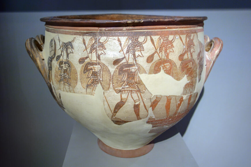 Front of Warrior Krater, c. 1200–1100 B.C.E., ceramic, 42 cm high (National Archaeological Museum, Athens; photo: Steven Zucker, CC BY-NC-SA 2.0)