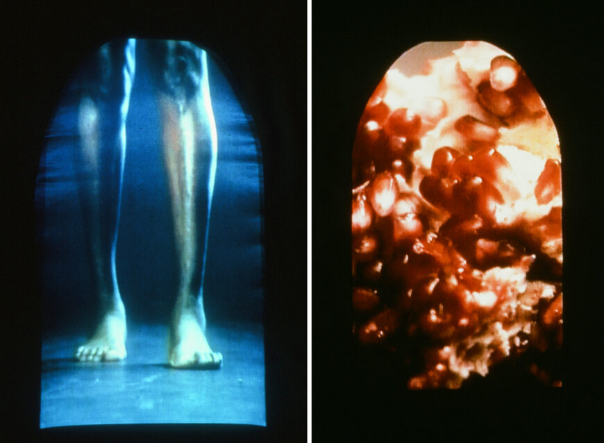 Projected videos of Campos-Pons walking (left) and peeling a pomegranate (right), María Magdalena Campos-Pons, Spoken Softly with Mama, 1998, embroidered silk and organza over ironing boards with photographic transfers, embroidered cotton sheets, cast glass irons and trivets, wooden benches, six projected video tracks, stereo sound, 8.6 x 11.7 m, dimensions variable (National Gallery of Canada, Ottawa) © María Magdalena Campos-Pons
