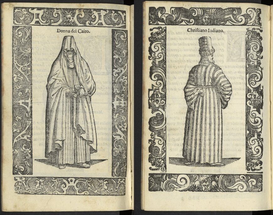 “Woman of Cairo," and "Christian Indian Man Visiting Cairo," in Cesare Vecellio, Habiti antichi et moderni di tutto il mondo / di Cesare Vecellio, Venice, 1598 (Bibliothèque nationale de France, Paris, folios 424 verso and 426 verso)