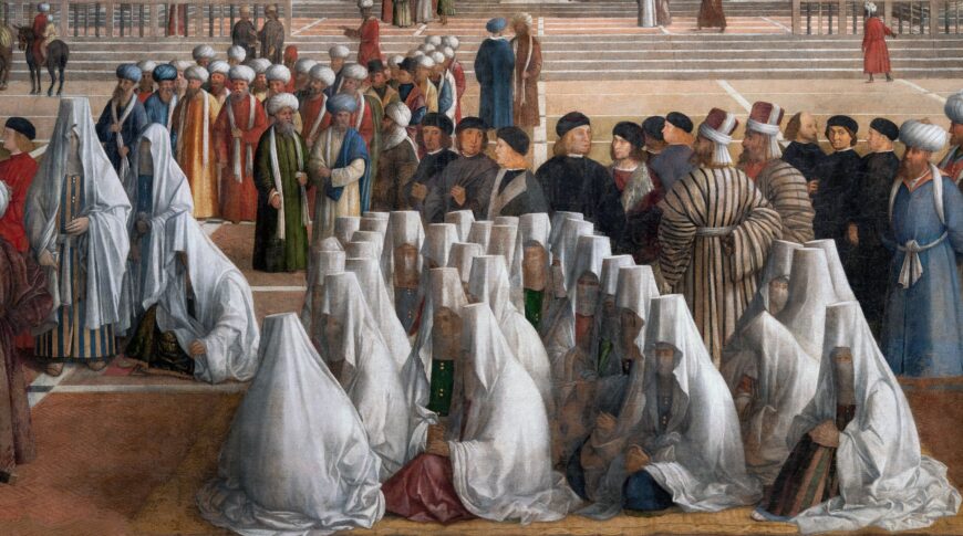 Contemporary (16th century) figures, some in veils and turbans (detail), Gentile Bellini (completed by Giovanni Bellini), Saint Mark Preaching in Alexandria, 1504–07, oil on canvas, 347 x 770 cm (Pinacoteca di Brera, Milan)