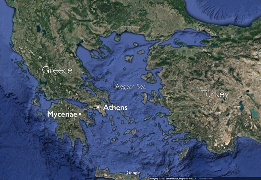 Map with the towns of Mycenae and Athens in Greece (underlying map © Google)