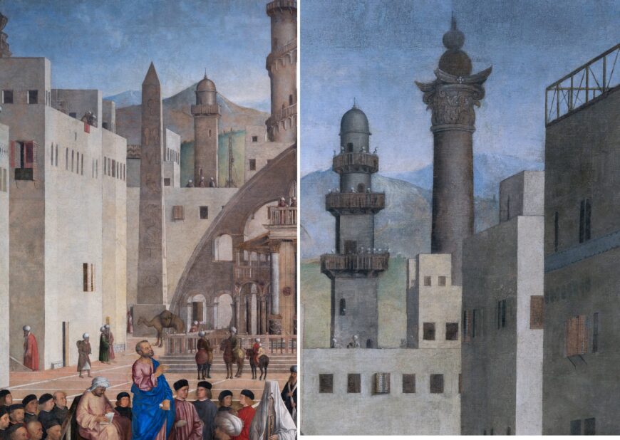 Left: obelisk; right: Pompey’s Pillar (details), Gentile Bellini (completed by Giovanni Bellini), Saint Mark Preaching in Alexandria, 1504–07, oil on canvas, 347 x 770 cm (Pinacoteca di Brera, Milan)