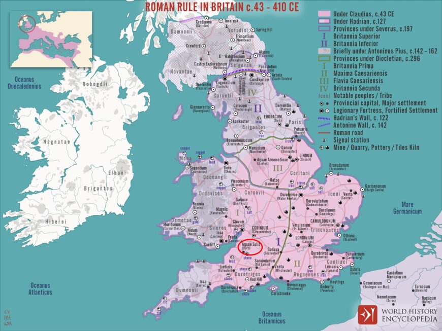 Map of Roman Britain, with Aquae Sulis circled (map: Simeon Netchev, CC BY-NC-SA 4.0)