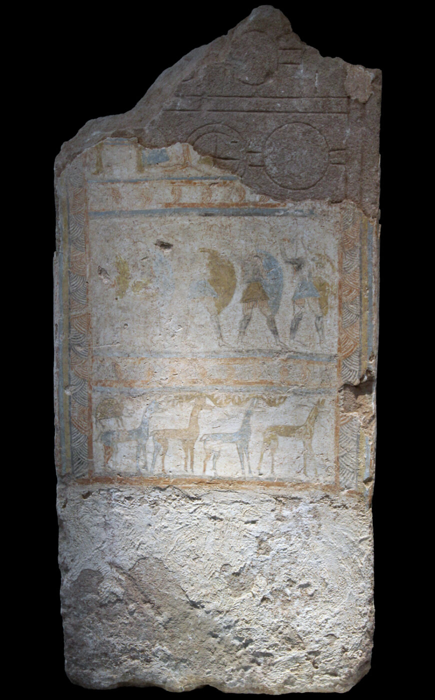 Painted Stele, painted decoration c. 1200–1100 B.C.E., stone covered in plaster and paint, 91 cm high (National Archaeological Museum, Athens; photo: CC0 1.0)