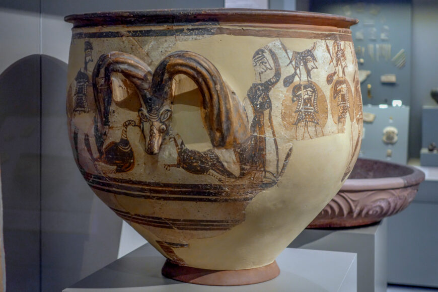 Left side with handle and woman (detail), Warrior Krater, c. 1200–1100 B.C.E., ceramic, 42 cm high (National Archaeological Museum, Athens; photo: Steven Zucker, CC BY-NC-SA 2.0)