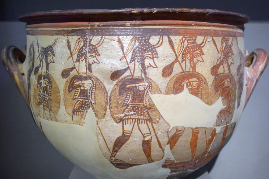 Soldiers on front of Warrior Krater (detail), c. 1200–1100 B.C.E., ceramic, 42 cm high (National Archaeological Museum, Athens; photo: Steven Zucker, CC BY-NC-SA 2.0)