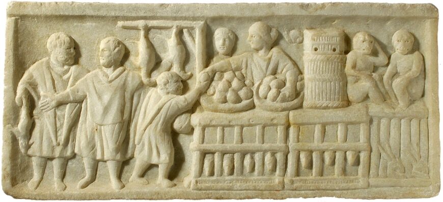 Relief with market scene, 2nd century C.E., marble, 21 x 54 cm (Museum Ostienese, Ostia)