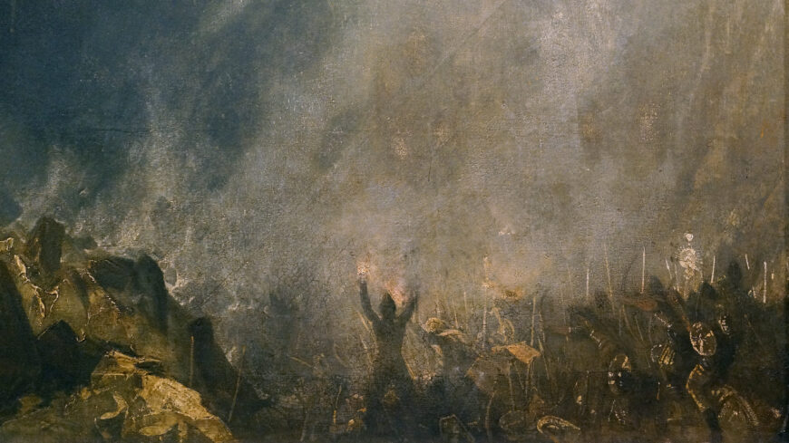 Soldiers fighting against the snowstorm (detail), Joseph Mallord William Turner, Snow Storm: Hannibal and his Army Crossing the Alps, exhibited 1812, oil on canvas, 146 x 237.5 cm (Tate Britain, London; photo: Steven Zucker, CC BY-NC-SA 2.0)