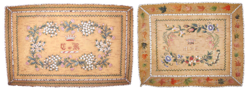 Left: Marguerite Vincent Lawinonkié, Lord Elgin’s tray, 1847–54, birch bark, moose hair, porcupine quill, cotton thread, 2.3 x 38.7 x 24.7 cm (Elgin collection, Canadian Museum of History, Gatineau; photo: Stéphane Laurin); right: Marguerite Vincent Lawinonkié, Lady Elgin’s tray, 1847–54, birch bark, moose hair, porcupine quill, cotton thread, 5.2 x 31 x 39 cm (Elgin collection, Canadian Museum of History, Gatineau; photo: Stéphane Laurin)