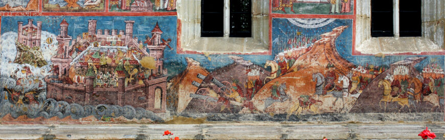 The Siege of Constantinople, exterior mural, south façade, church of the Annunciation, Moldovița Monastery, Moldavia, modern Romania, 1532–37 (photo: Alice Isabella Sullivan)