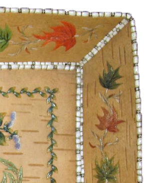 Border with maple leaves (detail), Marguerite Vincent Lawinonkié, Lady Elgin’s tray, 1847–54, birch bark, moose hair, porcupine quill, cotton thread, 5.2 x 31 x 39 cm (Elgin collection, Canadian Museum of History, Gatineau)