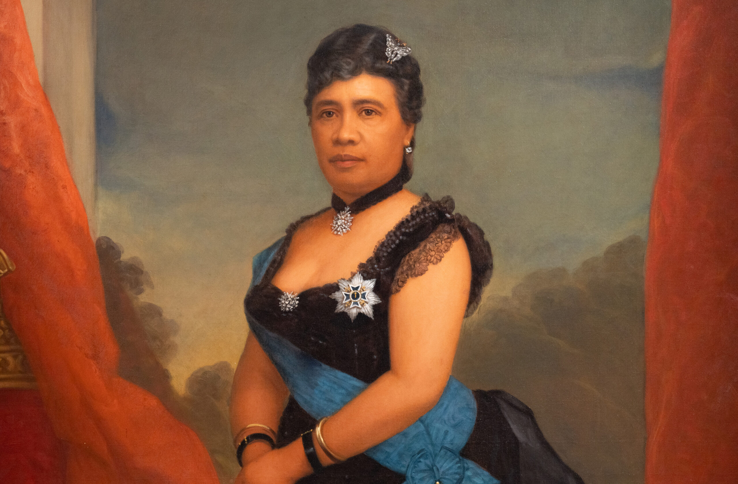 1891 and late 19th century<br>William F. Cogswell, <em>Queen Lili'uokalani</em>, and Maria Kealaulaokalani Lane Ena, ʻAhu ʻula (The Kalākaua Cape)