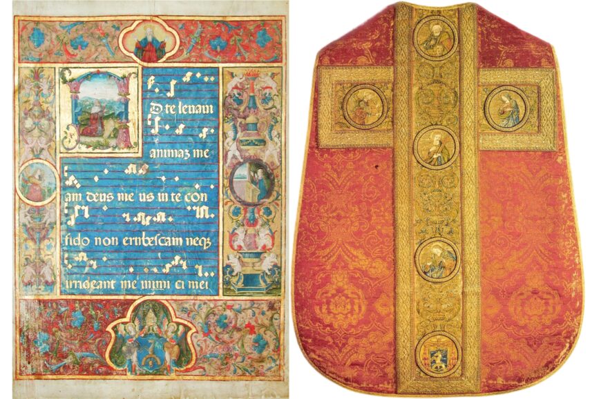 Left: Bakócz Gradual, early 16th century, Ms. I. 1a, folio 1 recto (Bibliotheca Ecclesiae Metropolitanae Strigoniensis, Esztergom); right: Chasuble, 1500–1510 (Esztergom Cathedral)