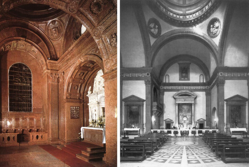Left: Jacopo di Biagio di Camicia, Bakócz Chapel in Esztergom Basilica, Esztergom, Hungary, 1506–07, red marble (photo: Fine Arts in Hungary); right: Giuliano da Sangallo, Santa Maria delle Carceri, Prato, Italy