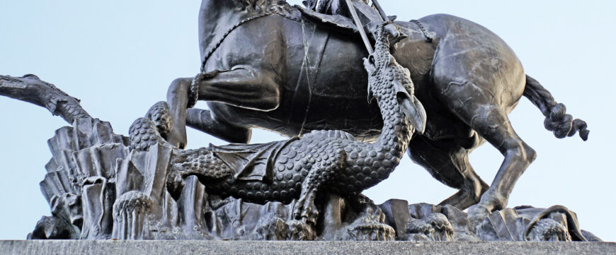 Dragon and swampy environment at the base of the statue (detail), Martin and George of Kolozsvár, Saint George (replica), 1373, bronze, 196 cm high (Prague Castle; photo: Dennis Jarvis, CC BY-SA 2.0)