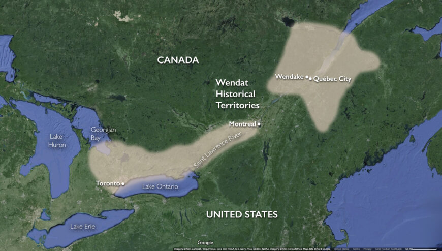 Map showing Wendat territories along the Georgian Bay and Saint Lawrence River (underlying map © Google)
