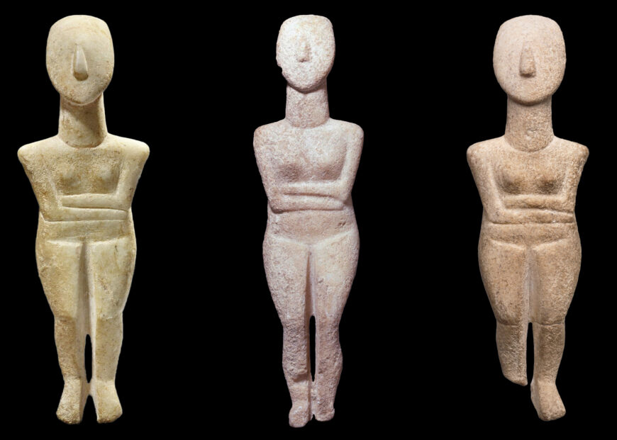 Left: The Bent Sculptor, Early Cycladic figurine, 2700–2500 B.C.E., marble, 17.1 x 5.7 x 2.9 cm (Musée du Louvre, Paris); center: The Bent Sculptor, Early Cycladic Figurine, 2700–2500 B.C.E., marble, 14.9 cm high (© The Trustees of the British Museum, London); right: The Bent Sculptor, Early Cycladic Figurine, 2700–2500 B.C.E., marble, 18 x 5.5 x 8.5 cm (Harvard Art Museums/Arthur M. Sackler Museum, Cambridge)