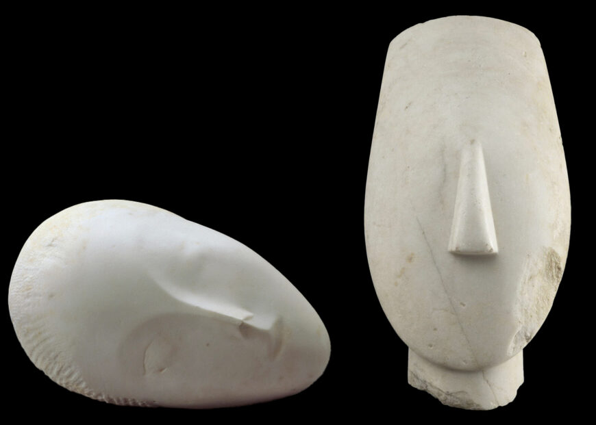 Left: Constantin Brȃncuși, Sleeping Muse I, 1910, marble, 17.2 x 27.6 x 21.2 cm (Hirshhorn Museum and Sculpture Garden, Washington, D.C.); right: Head of an Early Cycladic figurine, 2600–2400 B.C.E., marble, 14 x 27 x 10 cm (Musée du Louvre, Paris)