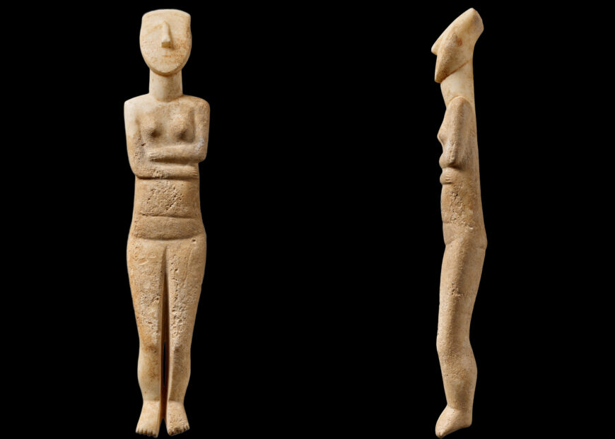 Front and side views of an Early Cycladic folded-arm figurine, 2700–2500 B.C.E., marble, 49.5 x 9 x 6 cm (The J. Paul Getty Museum, Los Angeles)