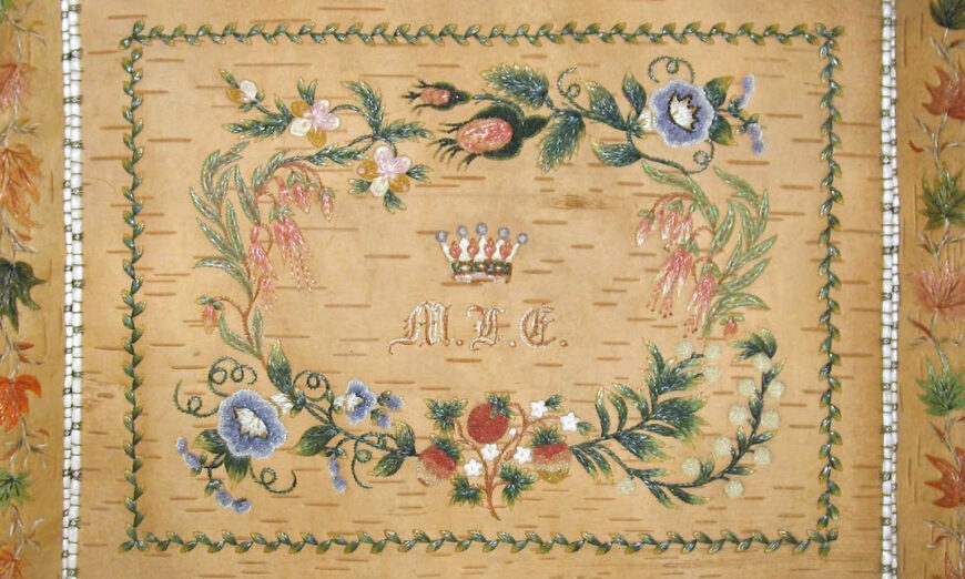 Initials (detail), Marguerite Vincent Lawinonkié, Lady Elgin’s tray, 1847–54, birch bark, moose hair, porcupine quill, cotton thread, 5.2 x 31 x 39 cm (Elgin collection, Canadian Museum of History, Gatineau)