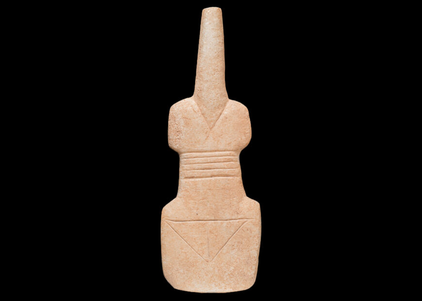 "Violin" type Early Cycladic figurine, 3200–2700 B.C.E., marble, 21.9 x 7.6 x 1.9 cm (The Menil Collection, Houston)