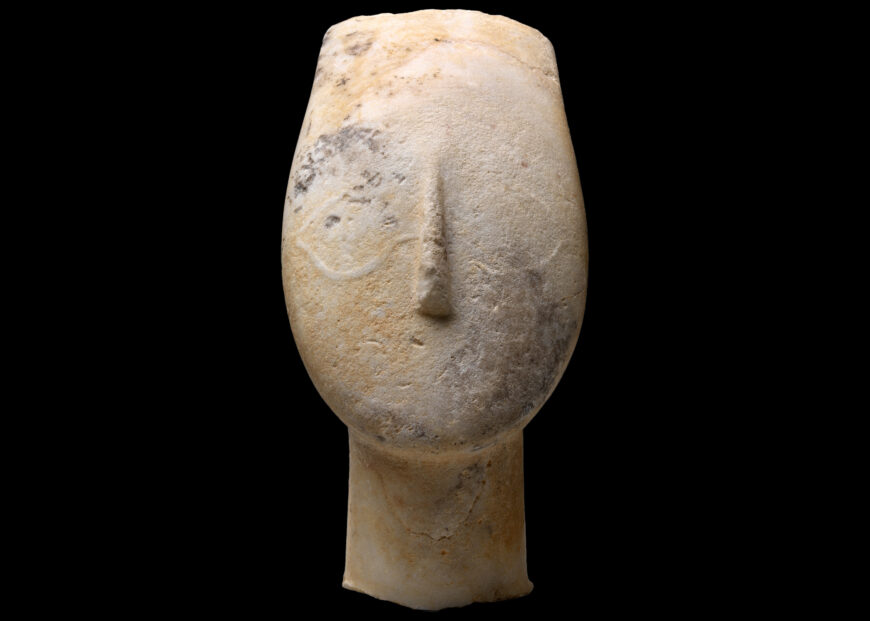 Head of an Early Cycladic figurine, 2700–2500 B.C.E., marble, 25.3 cm high (The Metropolitan Museum of Art, New York)