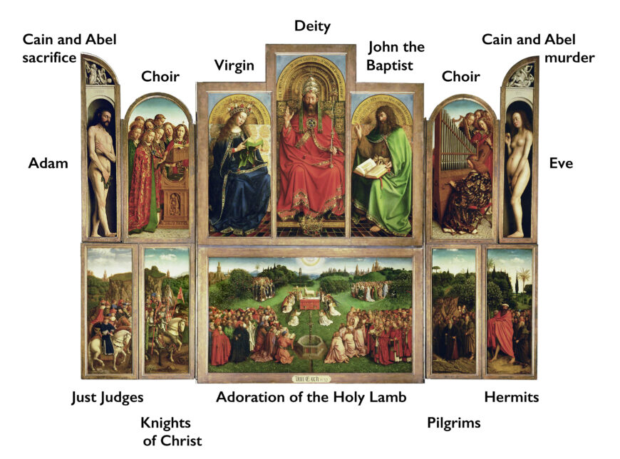 Diagram: Jan van Eyck, Ghent Altarpiece (open), completed 1432, oil on wood, 11 feet 5 inches x 15 feet 1 inch (open), Saint Bavo Cathedral, Ghent, Belgium (diagram: Steven Zucker, CC BY-NC-SA 2.0)