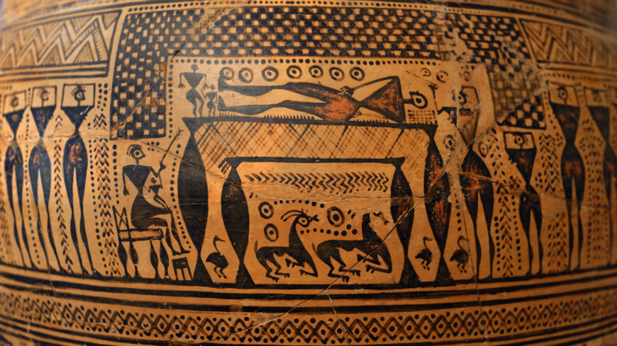 Krater, attributed to the Hirschfeld workshop, c. 750–735 B.C.E., terracotta, 108.3 x 72.4 cm (The Metropolitan Museum of Art, New York; photo: Steven Zucker, CC BY-NC-SA 2.0)