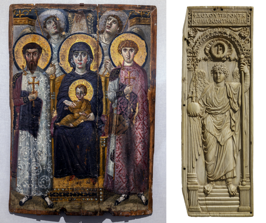 Left: Virgin (Theotokos) and Child between Saints Theodore and George, 6th or early 7th century, encaustic on wood, 68.5 x 49.5 cm (Saint Catherine's Monastery, Sinai, Egypt; photo: Steven Zucker, CC BY-NC-SA 2.0); right: Byzantine panel with archangel, ivory leaf from diptych, c. 525–550 C.E. (probably from Constantinople, modern Istanbul, Turkey), 42.8 x 14.3 x 0.9 cm (© The Trustees of the British Museum, London)