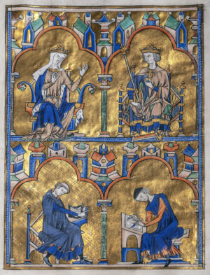 Top: Blanche of Castile and King Louis IX of France; and below: Author Dictating to a Scribe, Bible of Saint Louis (Moralized Bible), c. 1227–34 (France, probably Paris), 37.5 x 26.2 cm (The Morgan Library & Museum, New York, MS M.240, folio 8; photo: Steven Zucker, CC BY-NC-SA 2.0)