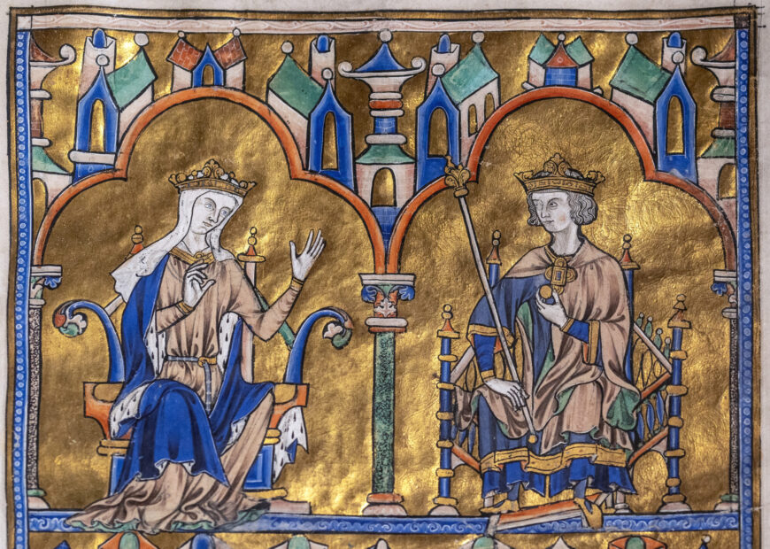 Blanche of Castile and King Louis IX of France (detail), Dedication Page with Blanche of Castile and King Louis IX of France, Bible of Saint Louis (Moralized Bible), c. 1227–34 (France, probably Paris), 37.5 x 26.2 cm (The Morgan Library & Museum, New York, MS M.240, folio 8; photo: Steven Zucker, CC BY-NC-SA 2.0)