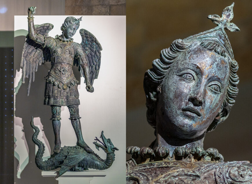 Matteo di Ugolino da Bologna, Saint Michael the Archangel (with detail of face), 1356, bronze (Orvieto Cathedral; photos: Steven Zucker, CC BY-NC-SA 2.0)