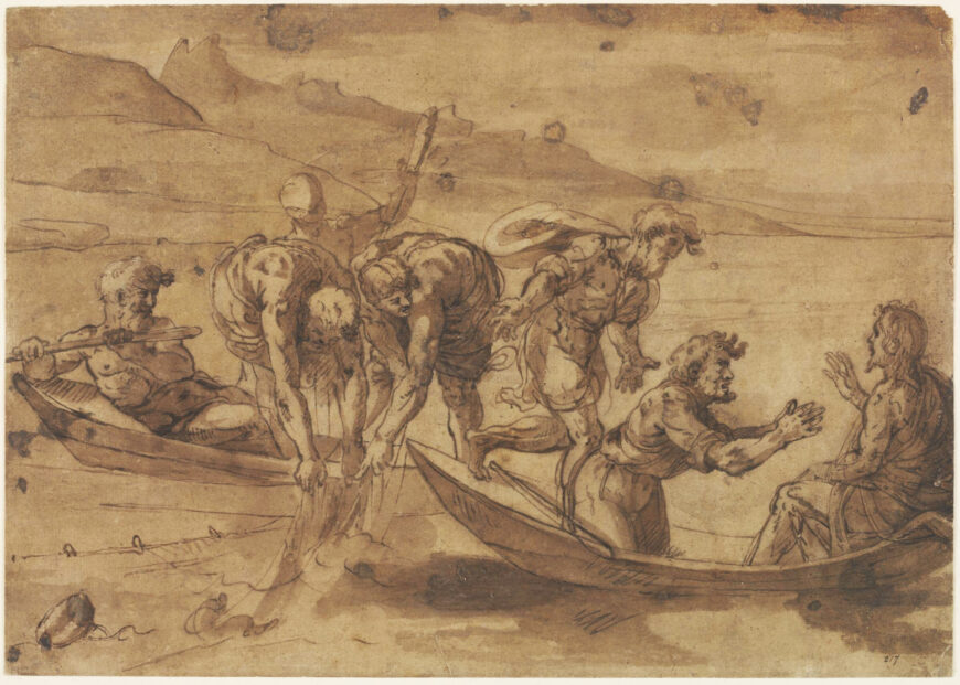Raphael, The Miraculous Draught of Fishes, 1515–16, pen and sepia, washed, 22.3 x 31.75 cm (Victoria and Albert Museum, London)