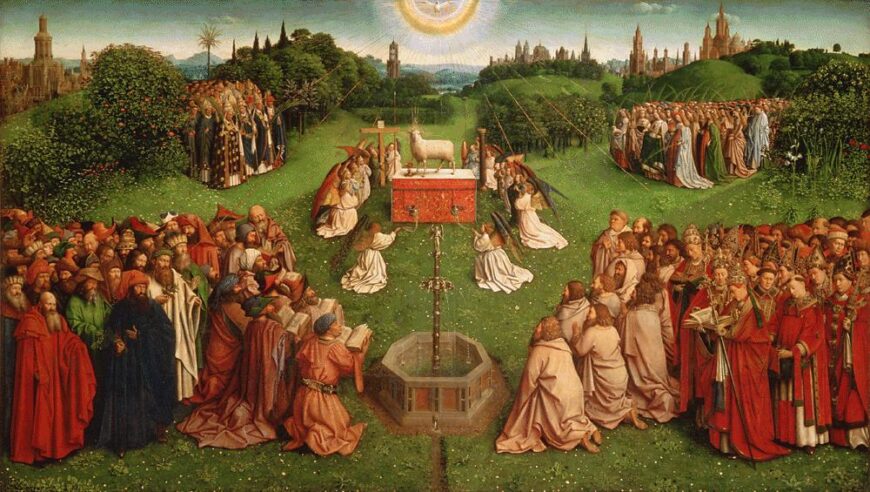 Adoration of the Mystic Lamb, bottom center panel, Jan van Eyck, Ghent Altarpiece (open), completed 1432, oil on wood, 11 feet 5 inches x 15 feet 1 inch (open), Saint Bavo Cathedral, Ghent, Belgium (photo: Closer to Van Eyck)