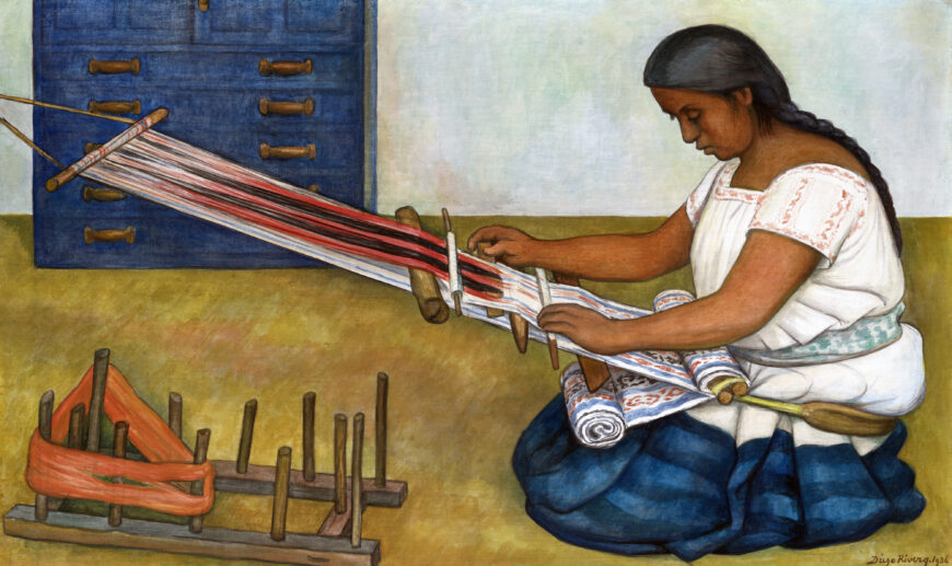 Weaving on a backstrap loom, Diego Rivera, Weaving, 1936, tempera and oil on canvas, 66 x 106.7 cm (Art Institute of Chicago) © Banco de México Diego Rivera Frida Kahlo Museums Trust, Mexico, D.F.