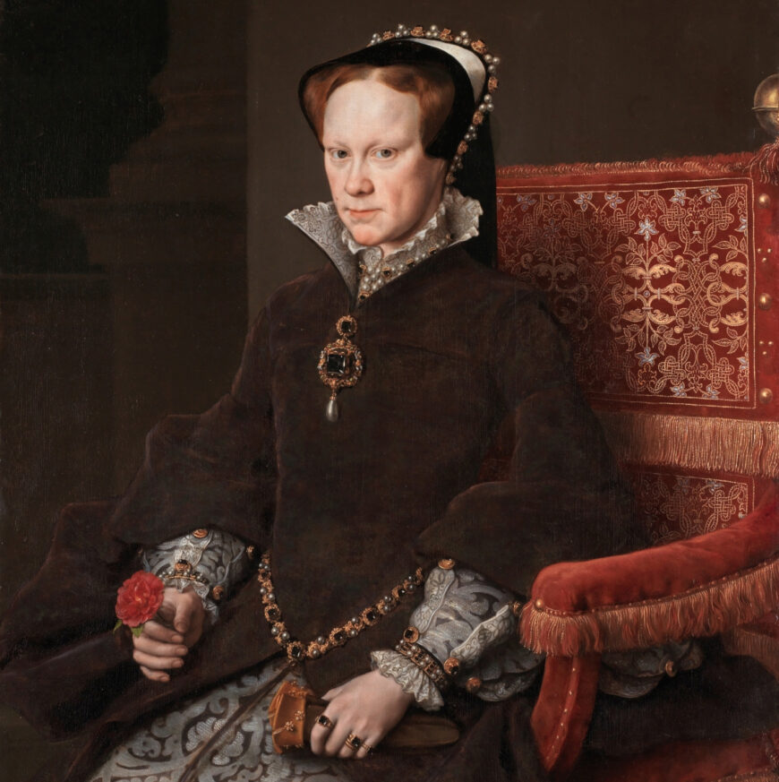 Mary Tudor (detail), Anthonis Mor, Portrait of Mary Tudor, 1554, oil on panel, 178 x 136.5 cm (Museo Nacional del Prado, Madrid)