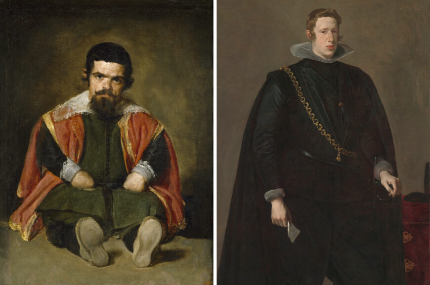 Left: Diego Velázquez, Portrait of Sebastián de Morra, 1644, oil on canvas, 106.5 x 82.5 cm (Museo del Prado, Madrid); right: Philip IV (detail), Diego Velázquez, Philip IV, King of Spain, c. 1624, oil on canvas, 200 x 102.9 cm (The Metropolitan Museum of Art, New York)