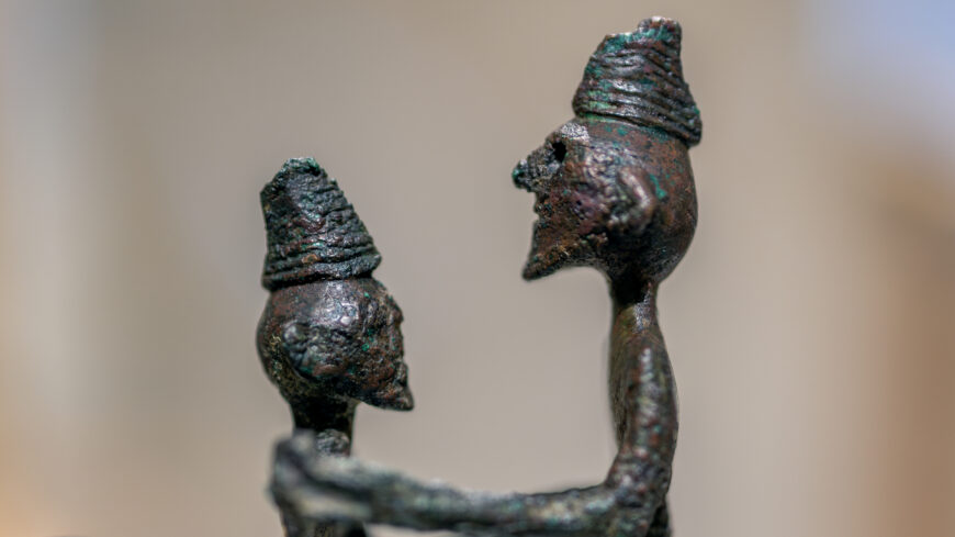 Faces of the man and centaur, c. 750 B.C.E., bronze, 11.10 cm high (The Metropolitan Museum of Art, New York; photo: Steven Zucker, CC BY-NC-SA 2.0)