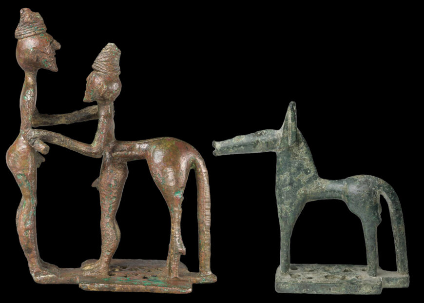Left: Man and centaur, c. 750 B.C.E., bronze, 11.10 cm high (The Metropolitan Museum of Art, New York); right: statuette of a horse, c. 740 B.C.E., bronze, 6.4 cm high (Musée du Louvre, Paris)