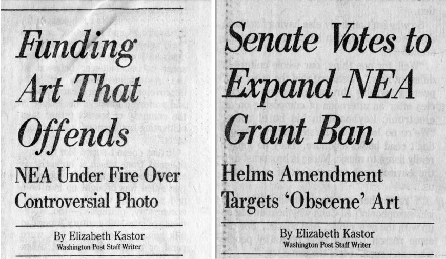 Left: Elizabeth Kastor, "Funding Art That Offends," Washington Post, June 7, 1989; right: Elizabeth Kastor, "Senate Votes to Expand NEA Grant Ban," Washington Post, July 27, 1989