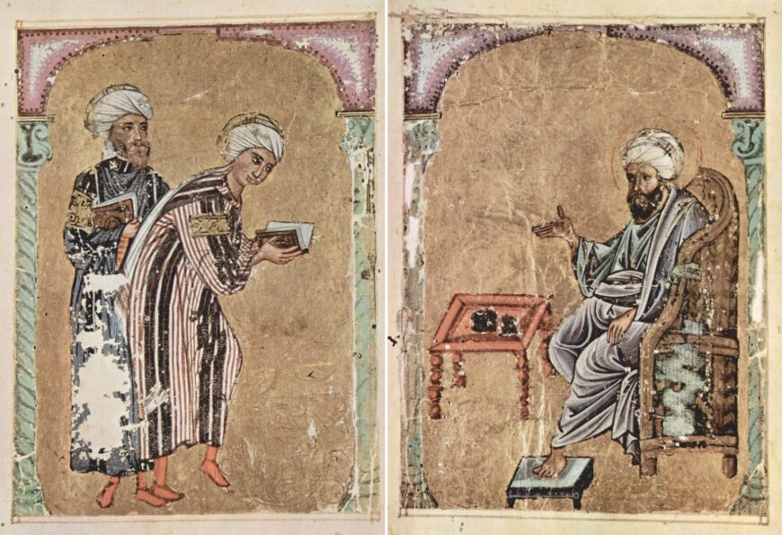 Two students present De Materia Medica to Dioscorides, De Materia Medica, 1229, ink, opaque watercolor, and gold on paper, 19.2 x 14 cm (Topkapı Palace Library, Istanbul, MS Ahmed III. 2127, folios 1 verso–2 recto)